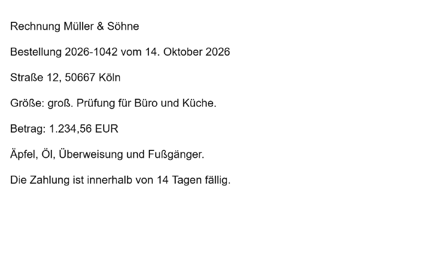 Cuplikan yang sama setelah pengenalan teks. Tampilannya tidak berubah dan tetap menunjukkan “Rechnung Müller & Söhne” dan “Betrag: 1.234,56 EUR”.